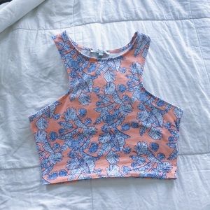 High Neck Leaf Print Crop Top